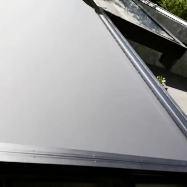 Awning roof system is designed to keep fabric under tension and eliminate fabric sag on extremely large awnings. Also incorporates guttering...