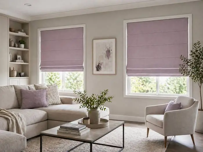 pastel lilac roman blinds living room