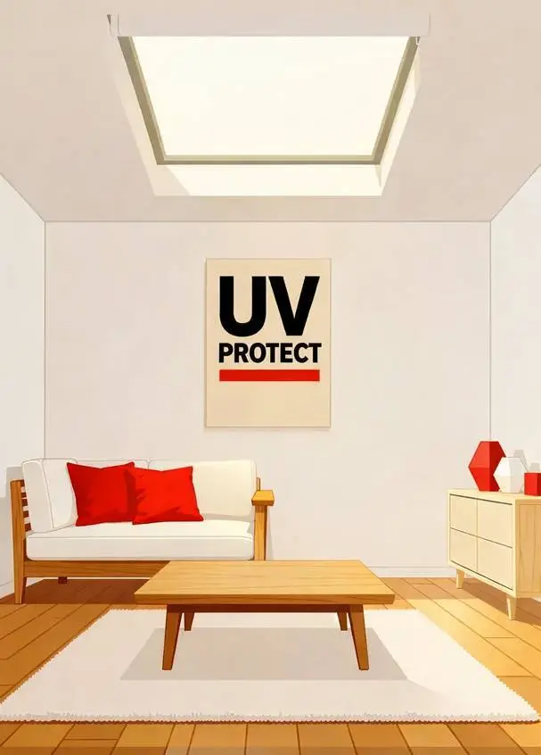 A residential interior where skylight blinds help protect flooring and furniture.