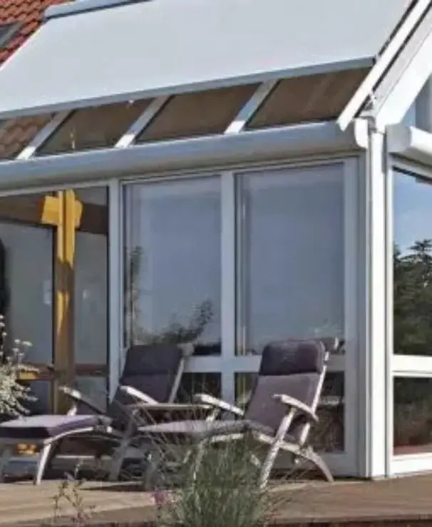 A living space with skylight blinds filtering daylight.